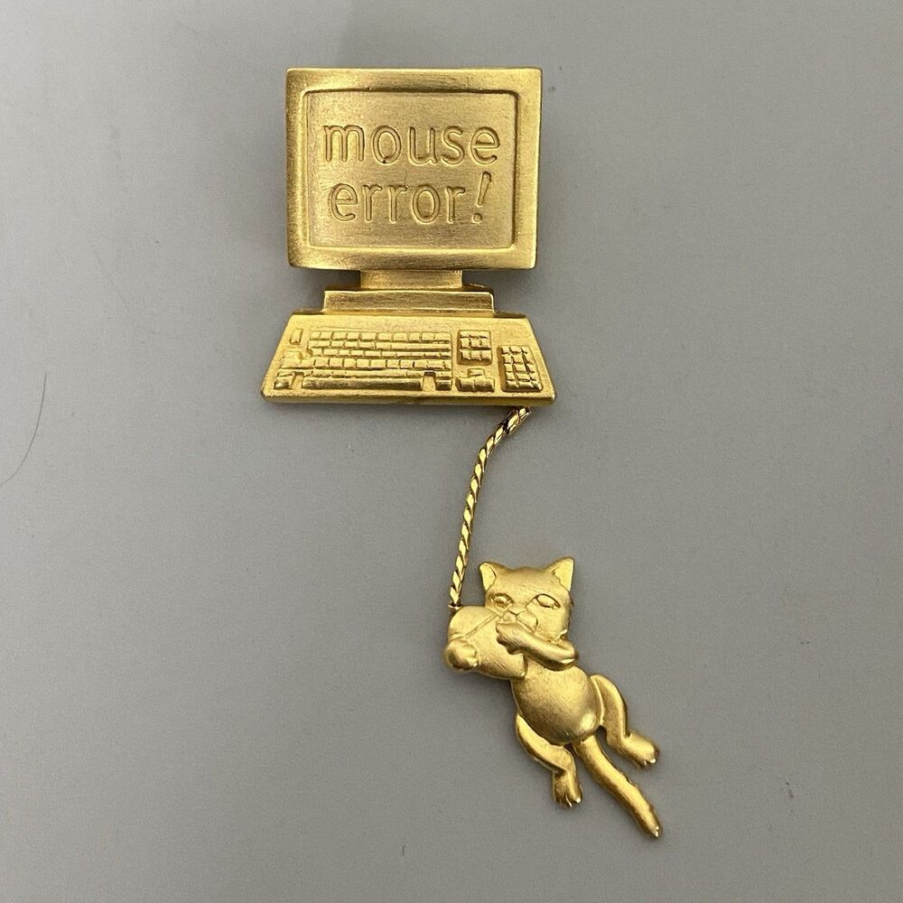 Vintage JJ Jonette Mouse Error Computer Dangling Cat Brooch Pin Novelty Teacher